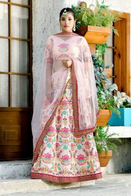 Peach Embroidered Silk Blend Unstitched Lehenga Choli 1