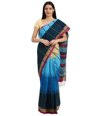 blue Printed cotton saree with blouse 1