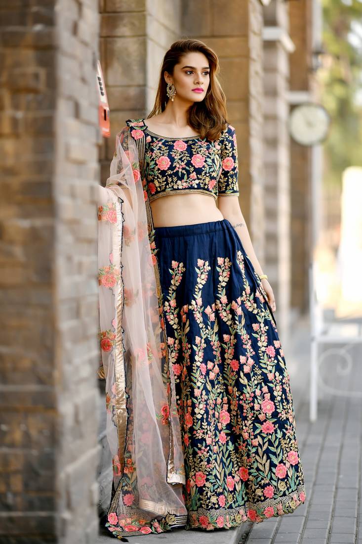Blue Embroidered Silk Blend Unstitched Lehenga Choli