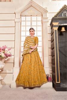 Mustard Embroidered Silk Blend Unstitched Lehenga Choli