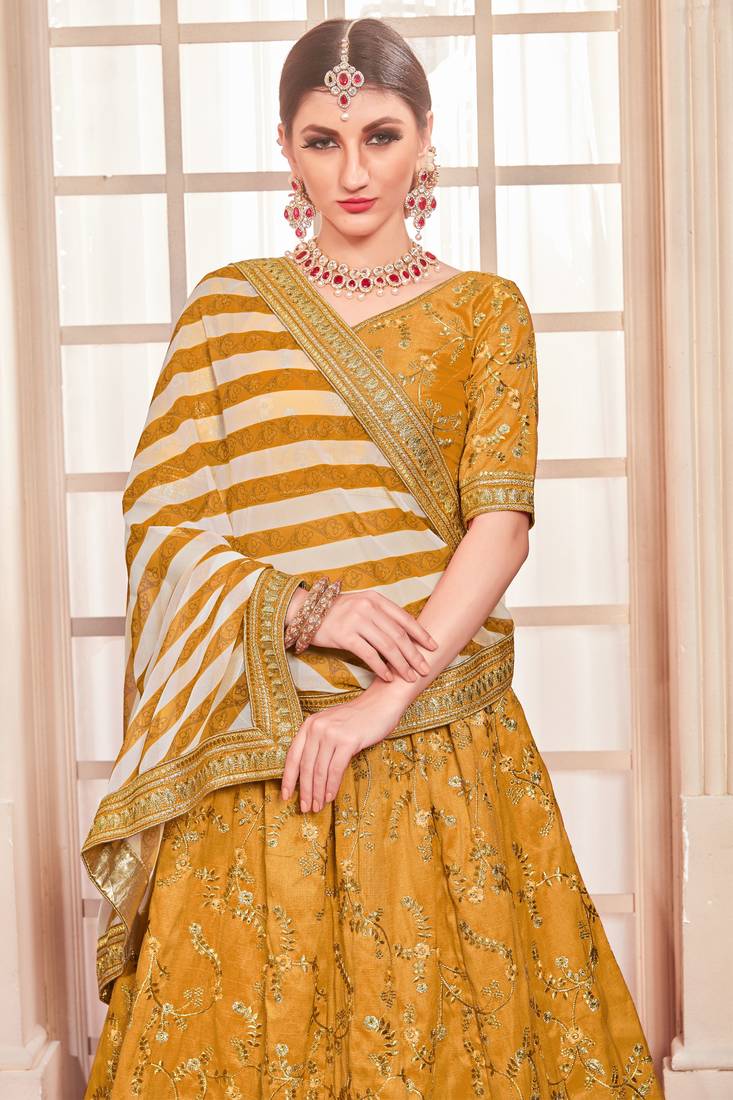 Mustard Embroidered Silk Blend Unstitched Lehenga Choli
