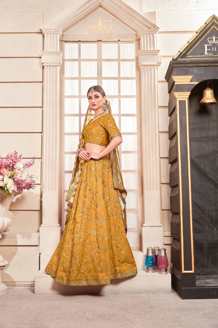 Mustard Embroidered Silk Blend Unstitched Lehenga Choli