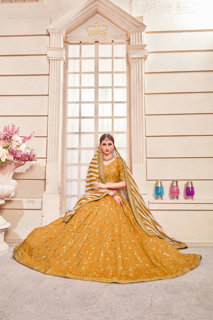 Mustard Embroidered Silk Blend Unstitched Lehenga Choli