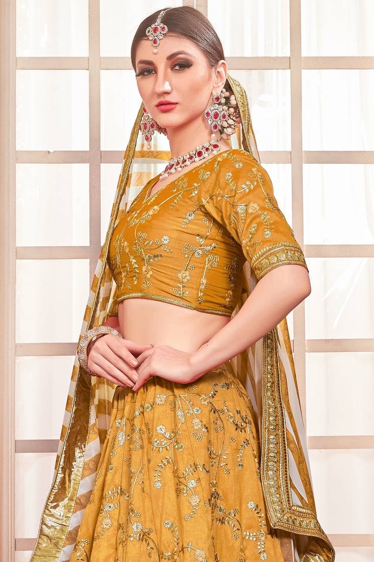 Mustard Embroidered Silk Blend Unstitched Lehenga Choli