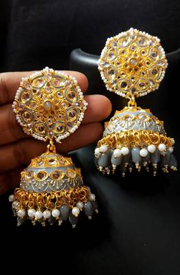 Deepika Inspired Meenakari Grey Pink Kundan Pearl Jhumki Earrings Set 1