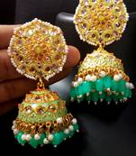 Deepika Inspired Meenakari Green Pink Kundan Pearl Jhumki Earrings Set