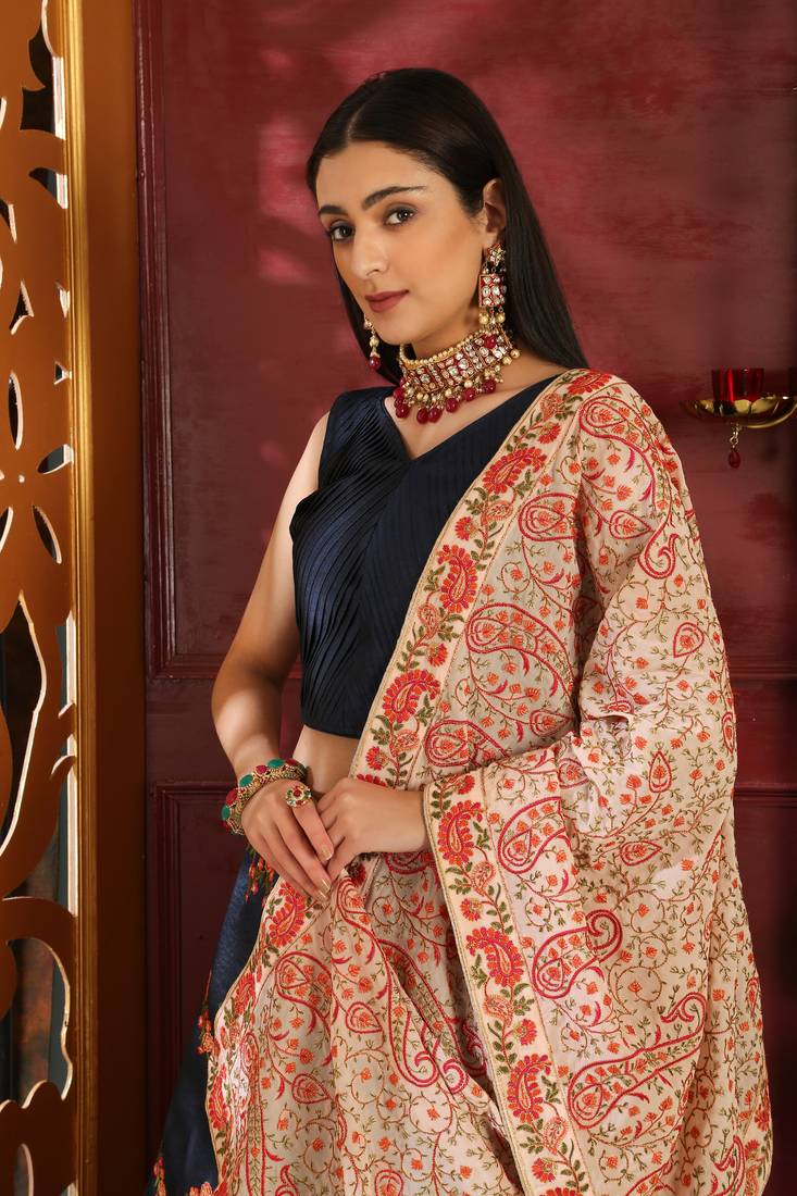 Blue Embroidered Silk Blend Unstitched Lehenga Choli