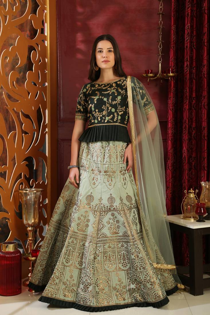 Green Printed Silk Blend Unstitched Lehenga Choli