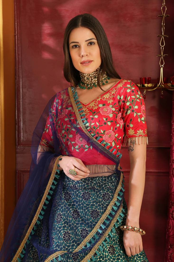 Turquoise Printed Jacquard Unstitched Lehenga Choli