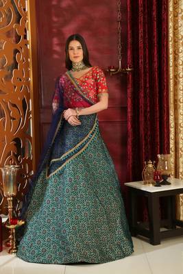 Turquoise Printed Jacquard Unstitched Lehenga Choli 4