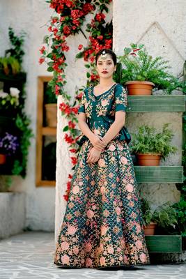 Turquoise Embroidered Satin Unstitched Bridal Lehengas 1