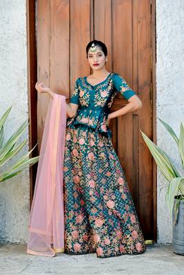 Turquoise Embroidered Satin Unstitched Bridal Lehengas 3