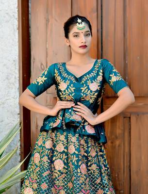 Turquoise Embroidered Satin Unstitched Bridal Lehengas 5