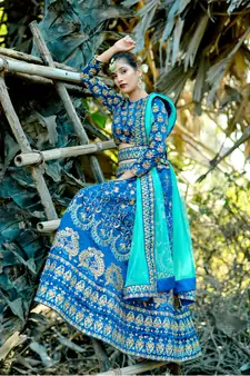 Women's Ink Blue Silk Blend Lehenga Choli Set