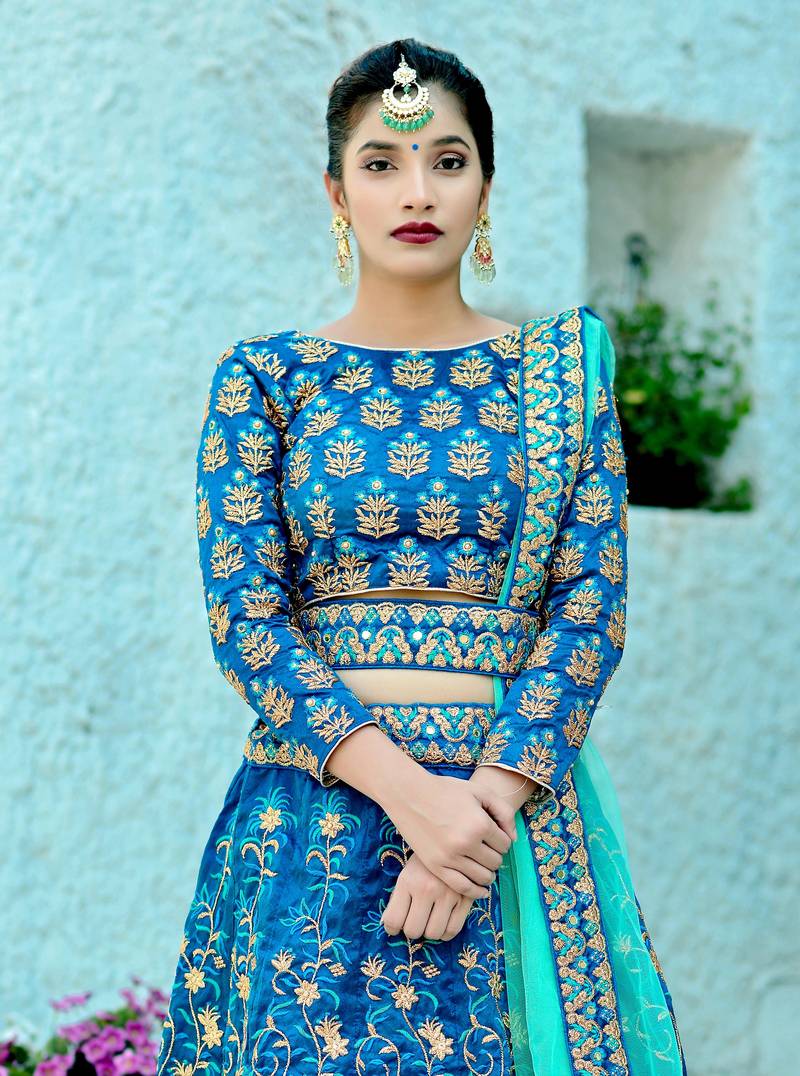 Women's Ink Blue Silk Blend Lehenga Choli Set