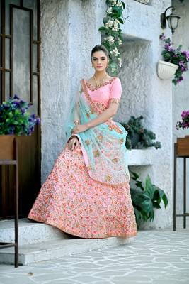 Peach Embroidered Silk Blend Unstitched Bridal Lehengas 1