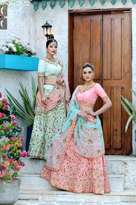 Peach Embroidered Silk Blend Unstitched Bridal Lehengas 4