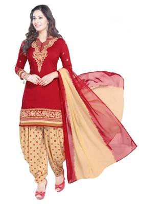 Red Printed Synthetic Unstitched Salwar With Dupatta 1