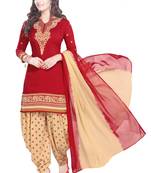 Red Printed Synthetic Unstitched Salwar With Dupatta