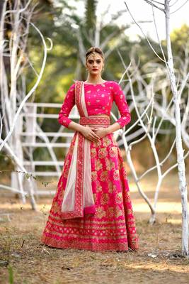 Pink Embroidered Silk Blend Unstitched Bridal Lehengas 1