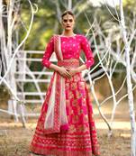 Pink Embroidered Silk Blend Unstitched Bridal Lehengas