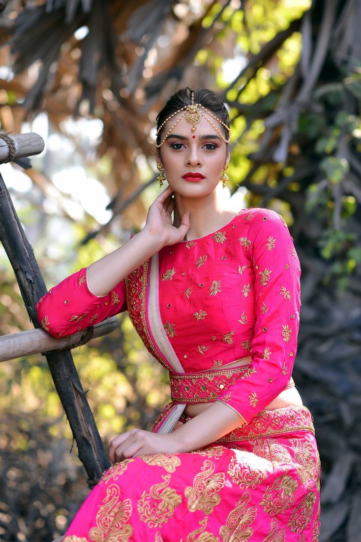 Pink Embroidered Silk Blend Unstitched Bridal Lehengas