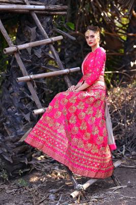 Pink Embroidered Silk Blend Unstitched Bridal Lehengas 3