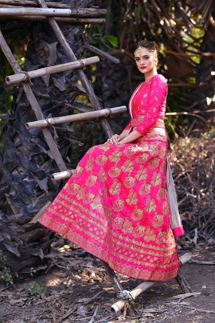 Pink Embroidered Silk Blend Unstitched Bridal Lehengas