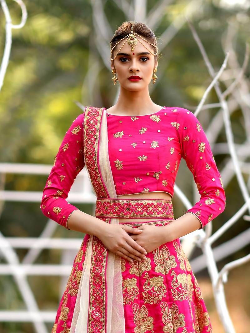 Pink Embroidered Silk Blend Unstitched Bridal Lehengas