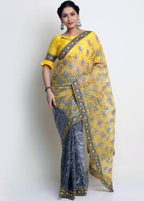 Yellow Knitted, Net Embroidery Saree With Blouse Piece 1