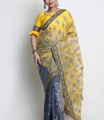 Yellow Knitted, Net Embroidery Saree With Blouse Piece
