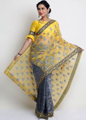 Yellow Knitted, Net Embroidery Saree With Blouse Piece 2