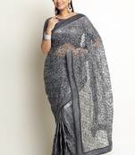 Grey Knitted, Net Embroidery Saree With Blouse Piece