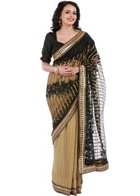 Black & Gold Knitted, Net Embroidery Saree With Blouse Piece 1