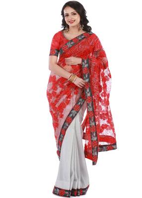 Red & Silver Knitted, Net Embroidery Saree With Blouse Piece 1