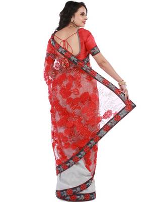 Red & Silver Knitted, Net Embroidery Saree With Blouse Piece 2