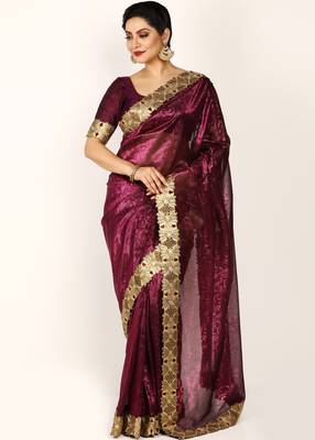 Wine Koriean Jacqard Lace Border Saree With Blouse Piece 1