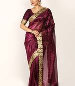 Wine Koriean Jacqard Lace Border Saree With Blouse Piece