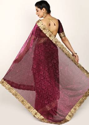 Wine Koriean Jacqard Lace Border Saree With Blouse Piece 2