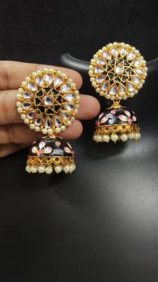 Latest Meenakari Black Pink Kundan Pearl Jhumki Earrings Set 1