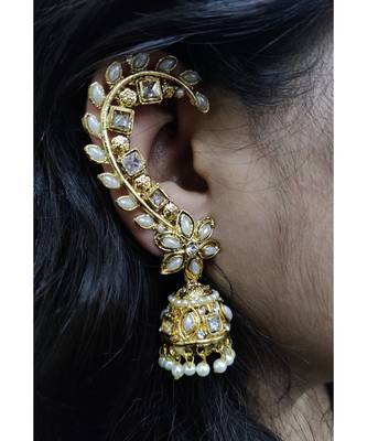 Gold Stone Studded Ear Cuff Jhumkas 3