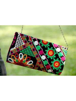 BagzVela Black Base & MultiColor Kutch Embroidered Clutch 1