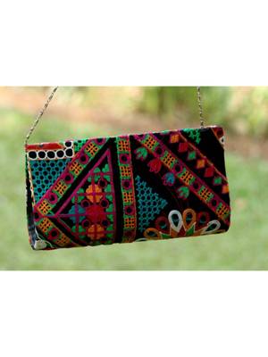 BagzVela Black Base & MultiColor Kutch Embroidered Clutch 2