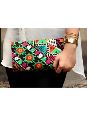 BagzVela Black Base & MultiColor Kutch Embroidered Clutch 1
