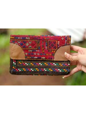 Multicolor Hand Embroidered Banjara Purse With Leather On Flaps From Rajasthan - Pattern 2 1