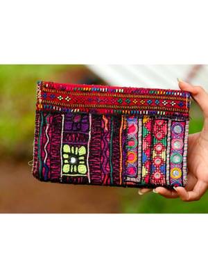 Multicolor Hand Embroidered Banjara Purse With Leather On Flaps From Rajasthan - Pattern 2 2