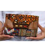 Multicolor Hand Embroidered Banjara Purse With Leather On Flaps From Rajasthan - Pattern 4