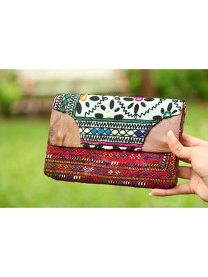 Multicolor Hand Embroidered Banjara Purse With Leather On Flaps From Rajasthan - Pattern 5 1