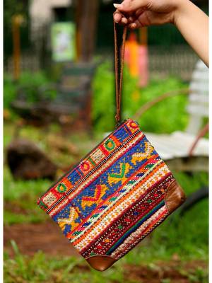 Multicolor Hand Embroidered Banjara Zip Pouches With Leather On Flaps From Rajasthan -Pattern1 1