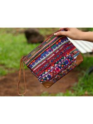 Multicolor Hand Embroidered Banjara Zip Pouches With Leather On Flaps From Rajasthan -Pattern1 2